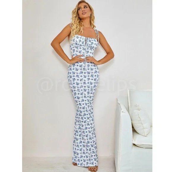 Floral Print Blue on White Long Dress Sheath, Drawstring Ties Maxi Stretchy - Picture 7 of 13